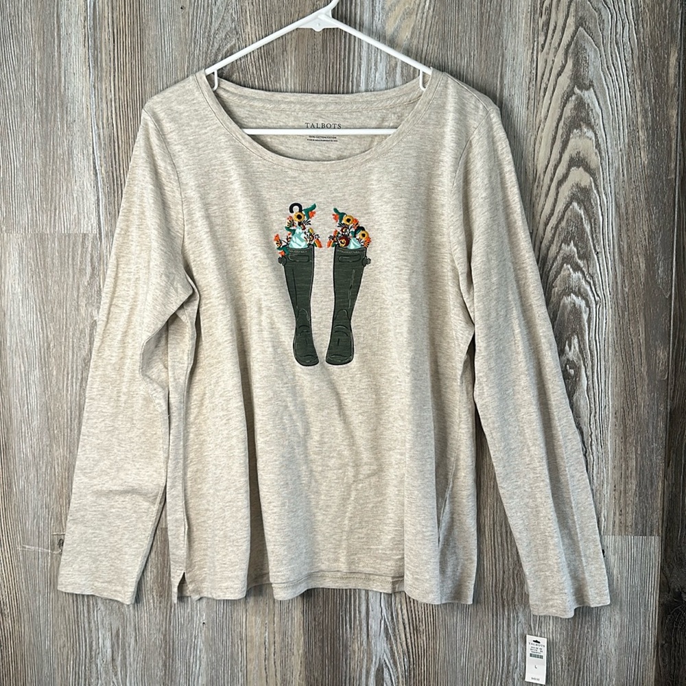 Talbots long sleeve see with embroidered boots, L